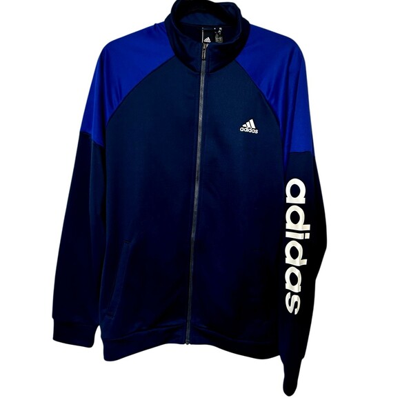 Adidas Mens Track Jacket Size L Full Zip Navy Blue Sports Activewear Spell Out - Picture 1 of 7
